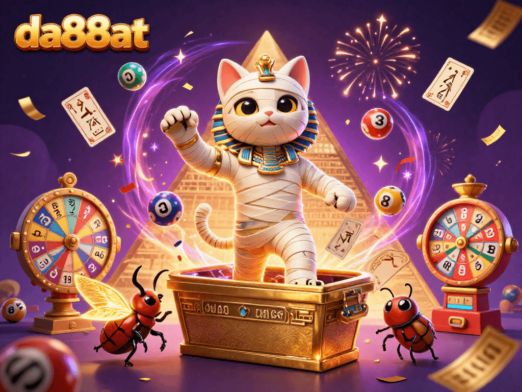 Experience thrilling gameplay at da88at with a lively scene featuring a mummy cat and vibrant casino elements.