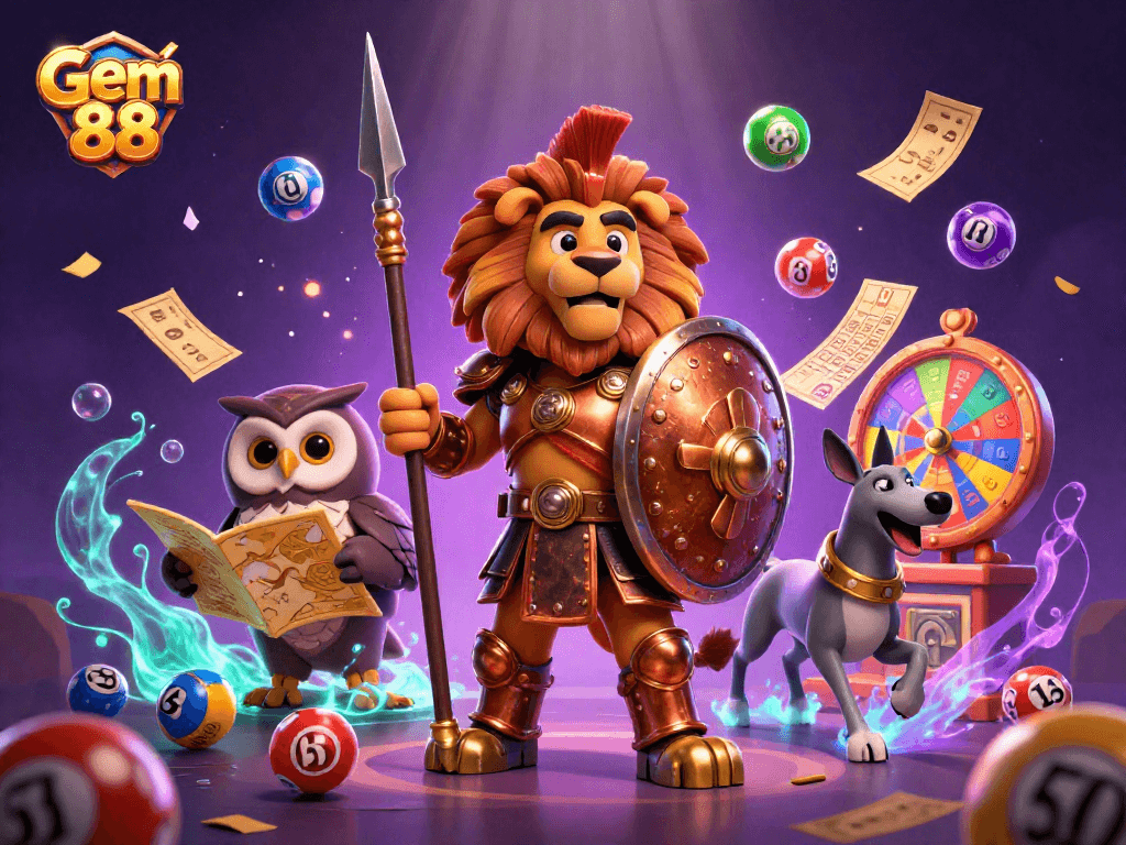 Experience the thrill of Gem 88 with a roaring lion, wise owl, and swift greyhound amid colorful gaming elements.