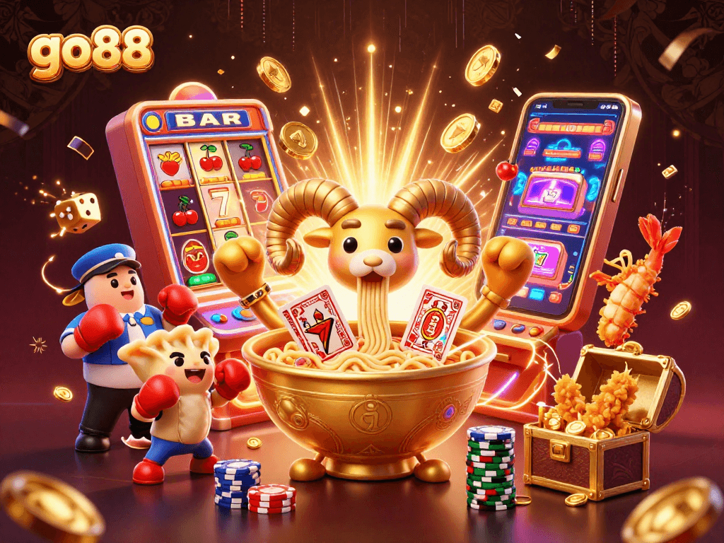 Go88 showcases a vibrant 3D casino scene with a ramen bowl dealer and exciting slot action.