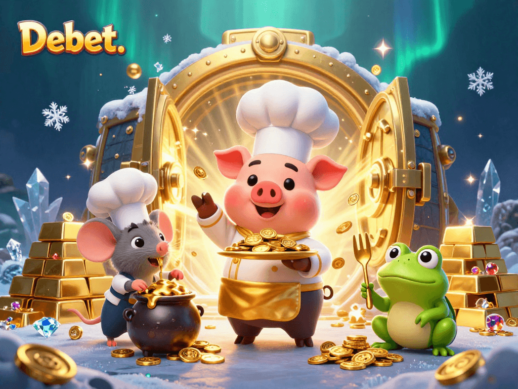 Engage in winning strategies at Debet. with a rich illustration of pig chef and gold coins.
