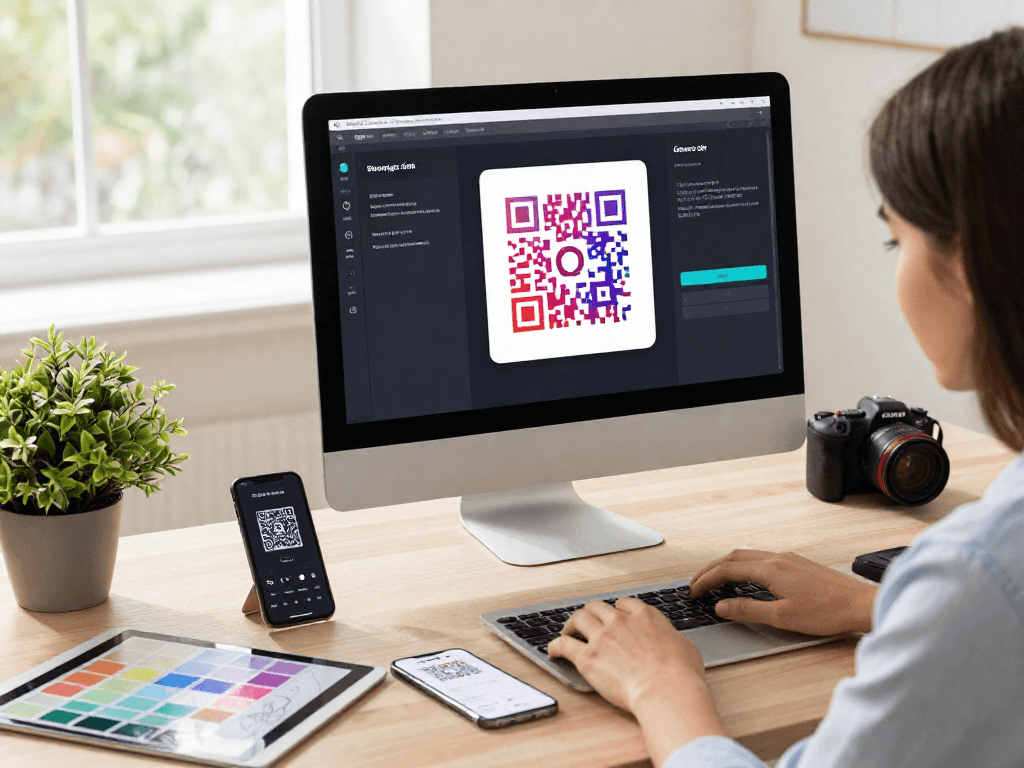 Dynamic QR Code Generator in a modern design workspace with a graphic designer customizing codes on a desktop.