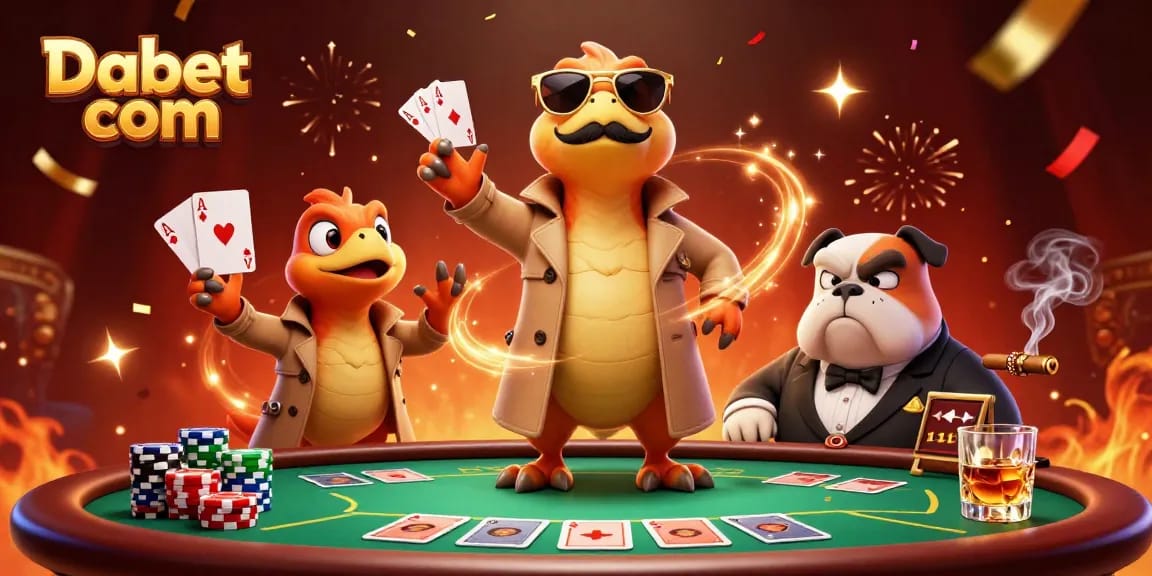 Dabet com entertains with playful raptors at a casino lounge, embodying playful gambling fun.