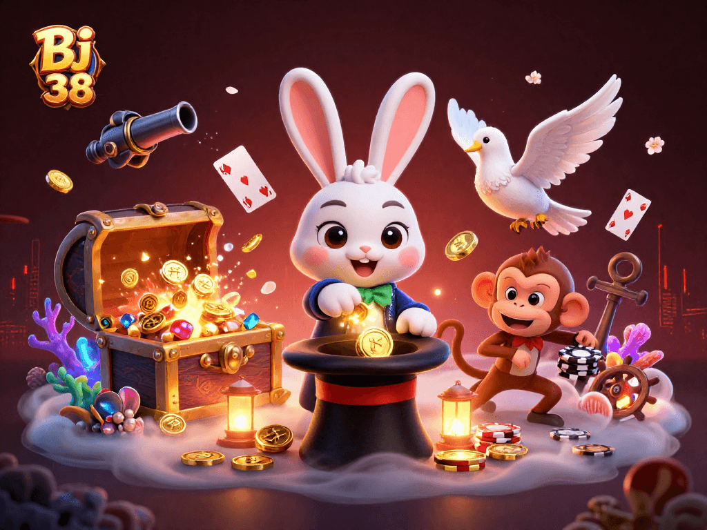 Experience thrilling gameplay at Bj 38 with a magician rabbit, doves, and poker chips in a vibrant casino scene.