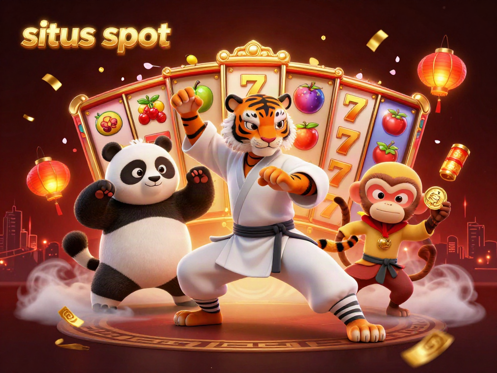 Engage with situs slot in a vibrant 3D casino scene featuring a kung fu tiger master and friends amidst riches.
