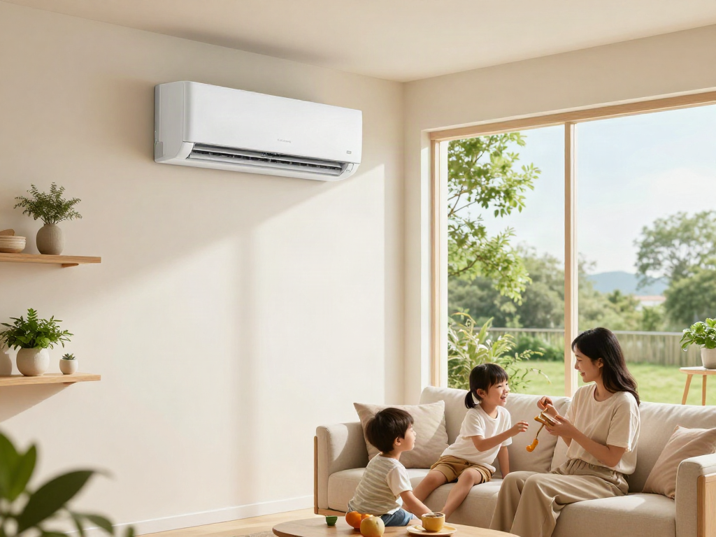 Family enjoying a comfortable living room with a mini split air conditioner providing cooling.