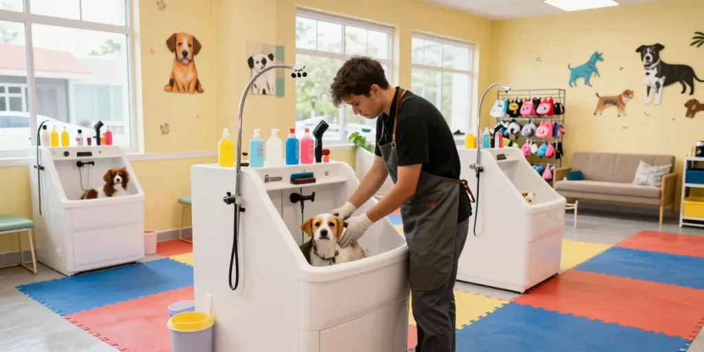 Pet Groomer Cages with a groomer bathing a small dog in a vibrant grooming salon.