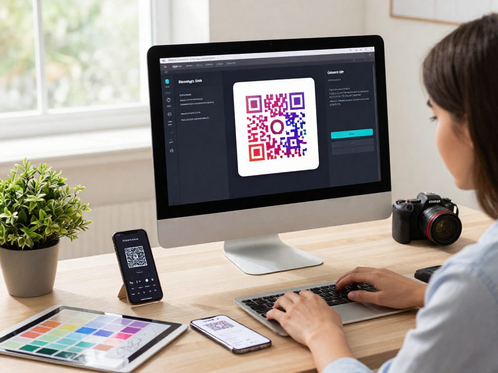Dynamic QR Code Generator in a modern design workspace with a graphic designer customizing codes on a desktop.