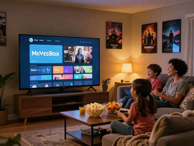 Family enjoying the MoviesBox app during a cozy movie night at home.