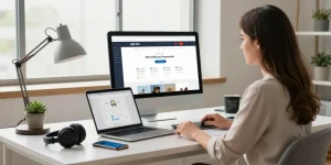 Professional woman utilizing the WPS Official Website in a modern home office setup.
